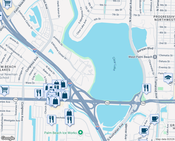 map of restaurants, bars, coffee shops, grocery stores, and more near 724 Executive Center Drive in West Palm Beach