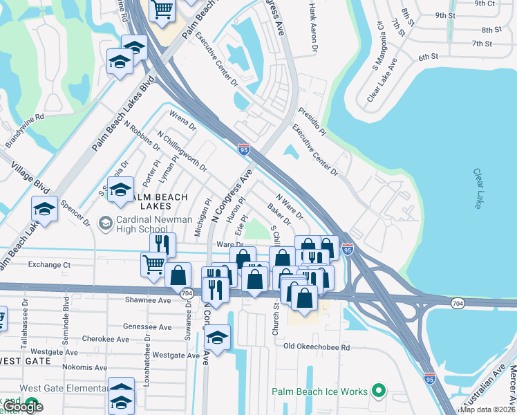 map of restaurants, bars, coffee shops, grocery stores, and more near 335 South Chillingworth Drive in West Palm Beach