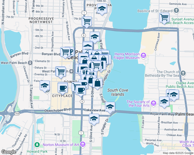 map of restaurants, bars, coffee shops, grocery stores, and more near 321 South Flagler Drive in West Palm Beach