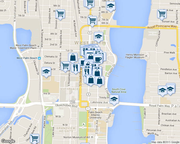 map of restaurants, bars, coffee shops, grocery stores, and more near 310 S Dixie Hwy in West Palm Beach