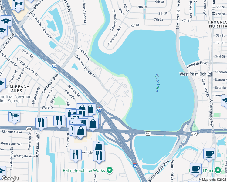 map of restaurants, bars, coffee shops, grocery stores, and more near 605 Executive Center Drive in West Palm Beach