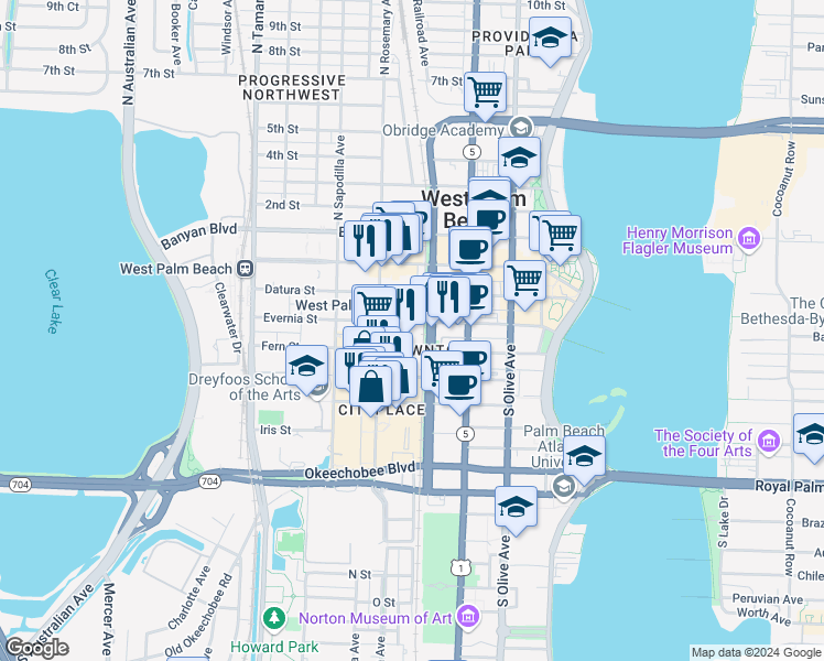 map of restaurants, bars, coffee shops, grocery stores, and more near in West Palm Beach