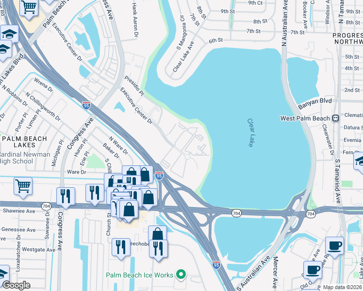map of restaurants, bars, coffee shops, grocery stores, and more near 605 Executive Center Drive in West Palm Beach