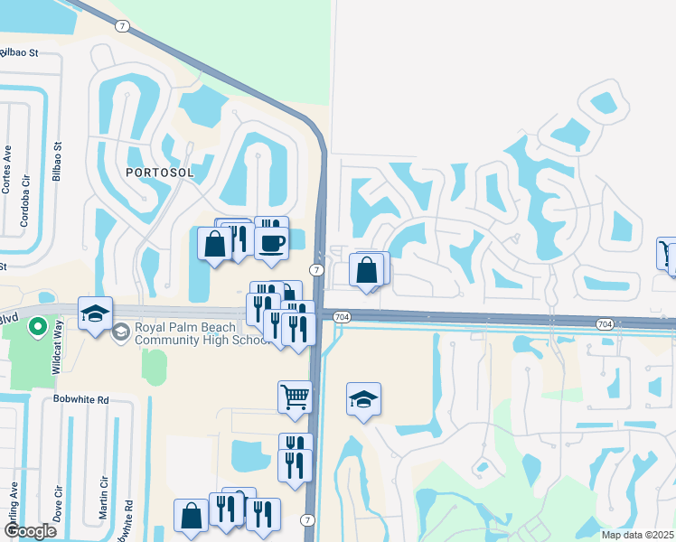 map of restaurants, bars, coffee shops, grocery stores, and more near 9873 Baywinds Drive in Royal Palm Beach