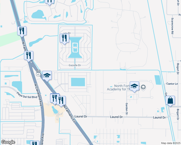 map of restaurants, bars, coffee shops, grocery stores, and more near 3901 Rain Dance Lane in North Fort Myers
