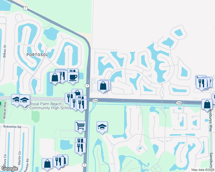 map of restaurants, bars, coffee shops, grocery stores, and more near 9865 Baywinds Boulevard in West Palm Beach