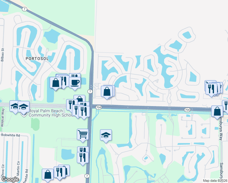 map of restaurants, bars, coffee shops, grocery stores, and more near 9792 Sandpiper Lane in West Palm Beach