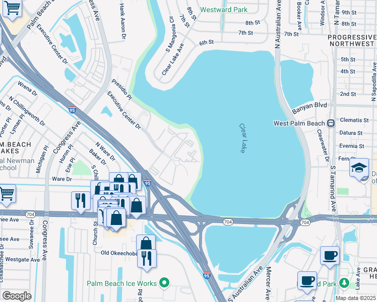 map of restaurants, bars, coffee shops, grocery stores, and more near 710 Executive Center Drive in West Palm Beach