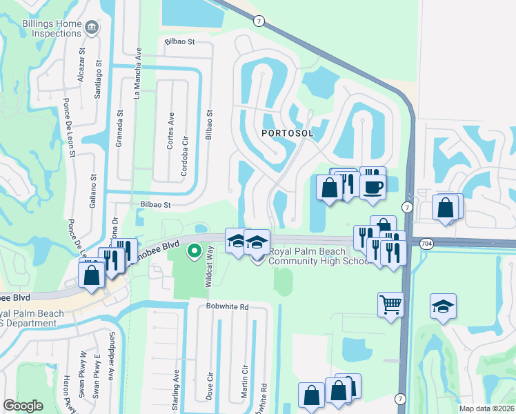 map of restaurants, bars, coffee shops, grocery stores, and more near 2098 Belcara Court in Royal Palm Beach