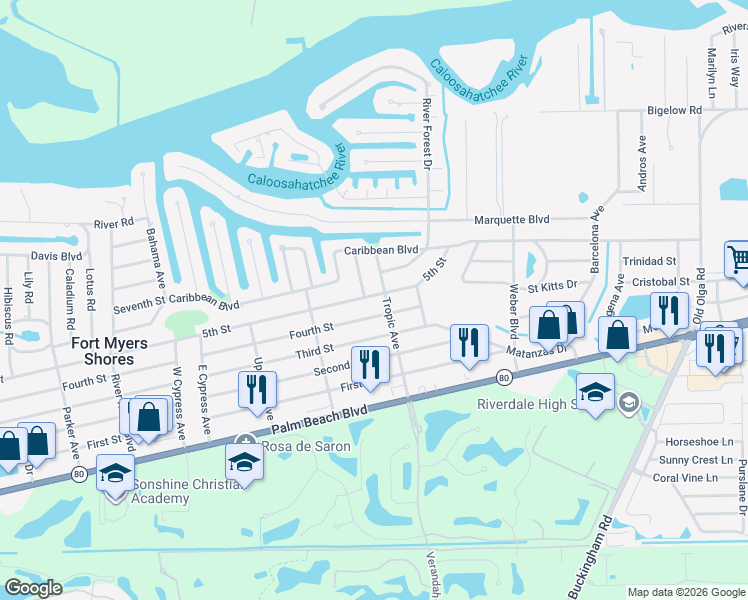 map of restaurants, bars, coffee shops, grocery stores, and more near 13450 Fourth Street in Fort Myers