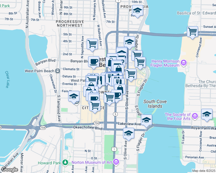 map of restaurants, bars, coffee shops, grocery stores, and more near in West Palm Beach