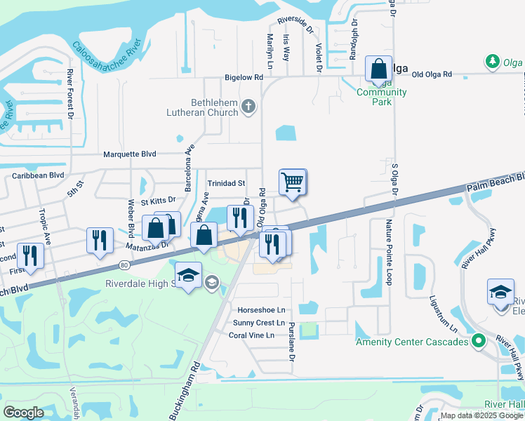 map of restaurants, bars, coffee shops, grocery stores, and more near 14490 Palm Beach Boulevard in Fort Myers