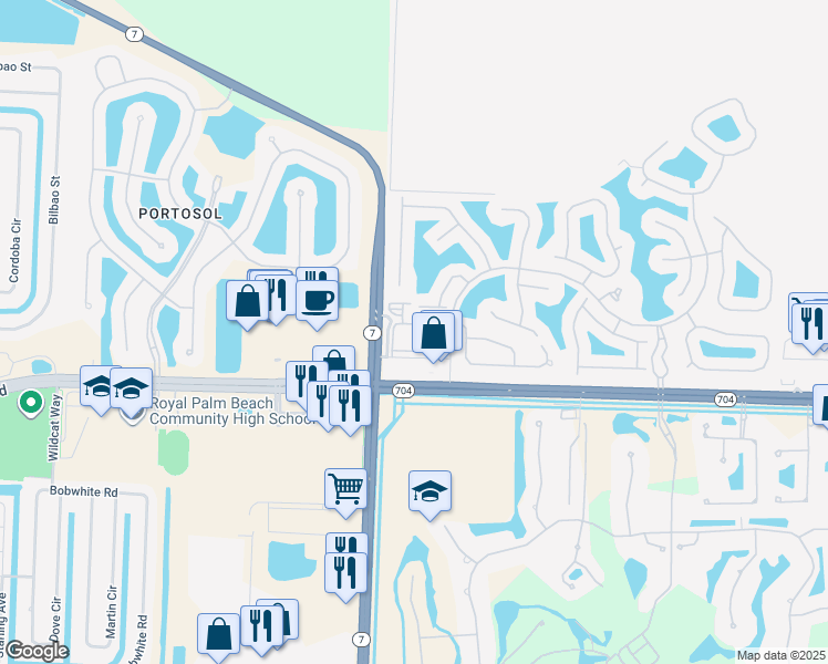map of restaurants, bars, coffee shops, grocery stores, and more near 9901 Baywinds Boulevard in Royal Palm Beach
