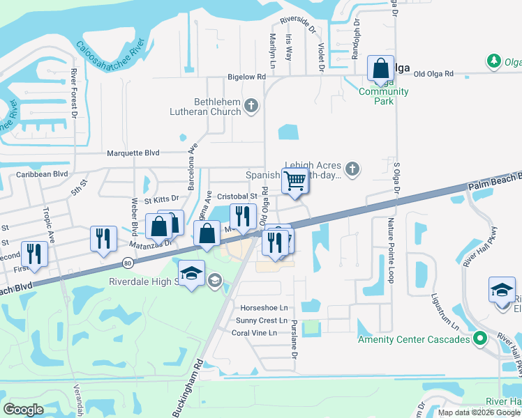 map of restaurants, bars, coffee shops, grocery stores, and more near 14362 Palm Beach Boulevard in Fort Myers