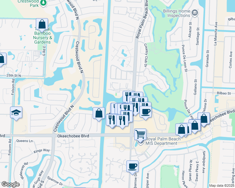 map of restaurants, bars, coffee shops, grocery stores, and more near 1351 Royal Palm Beach Boulevard in Royal Palm Beach