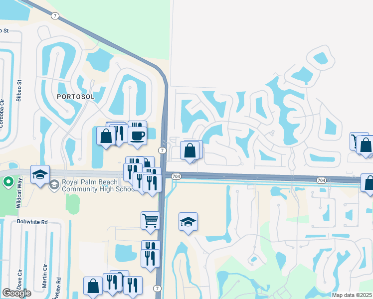 map of restaurants, bars, coffee shops, grocery stores, and more near 9901 Baywinds Boulevard in Royal Palm Beach