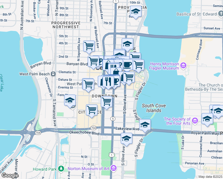 map of restaurants, bars, coffee shops, grocery stores, and more near in West Palm Beach
