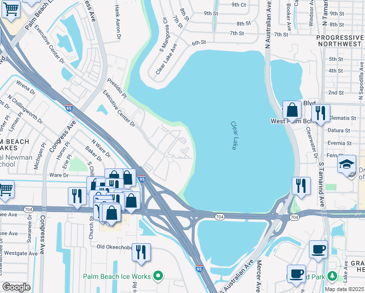 map of restaurants, bars, coffee shops, grocery stores, and more near 700 Executive Center Drive in West Palm Beach