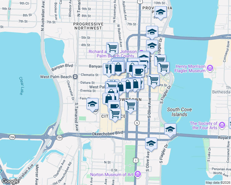 map of restaurants, bars, coffee shops, grocery stores, and more near in West Palm Beach