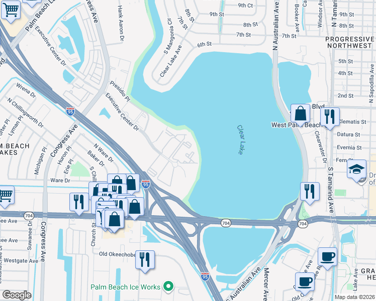 map of restaurants, bars, coffee shops, grocery stores, and more near 700 Executive Center Drive in West Palm Beach