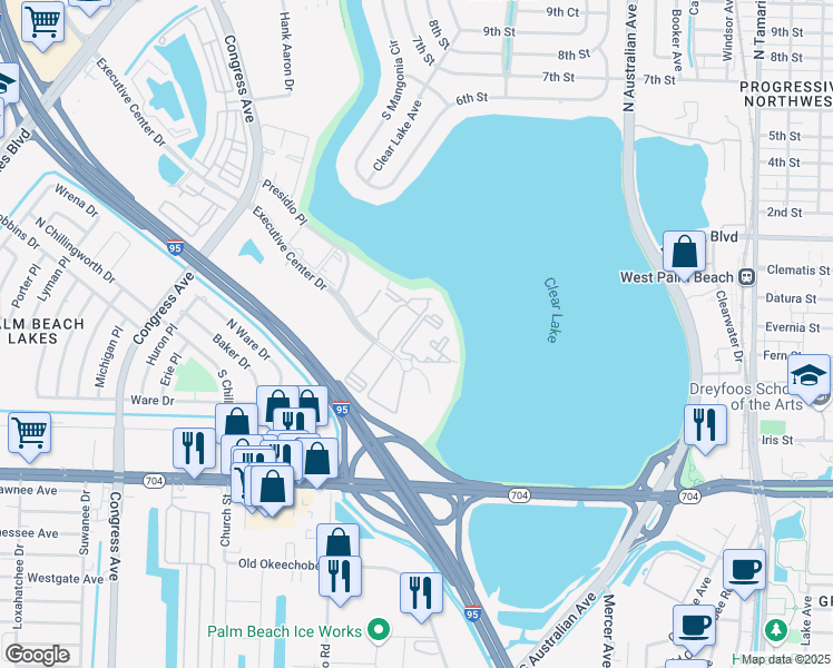 map of restaurants, bars, coffee shops, grocery stores, and more near 700 Executive Center Drive in West Palm Beach