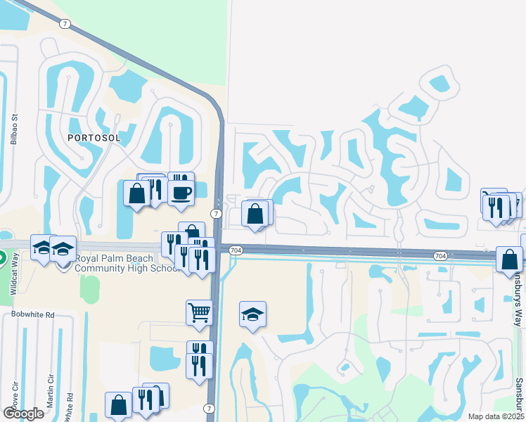 map of restaurants, bars, coffee shops, grocery stores, and more near 9600 Baywinds Boulevard in West Palm Beach