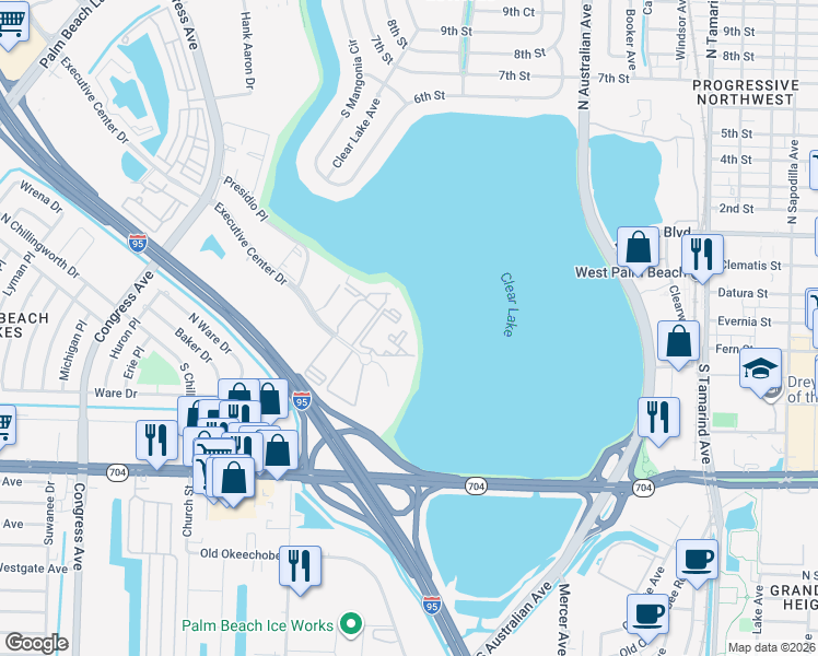 map of restaurants, bars, coffee shops, grocery stores, and more near 734 Executive Center Drive in West Palm Beach