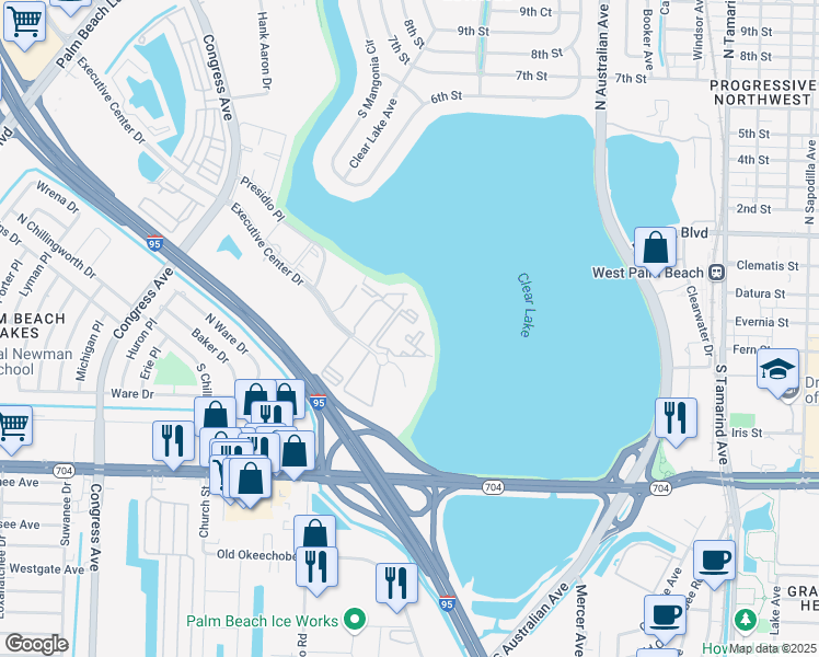map of restaurants, bars, coffee shops, grocery stores, and more near 718 Executive Center Drive in West Palm Beach