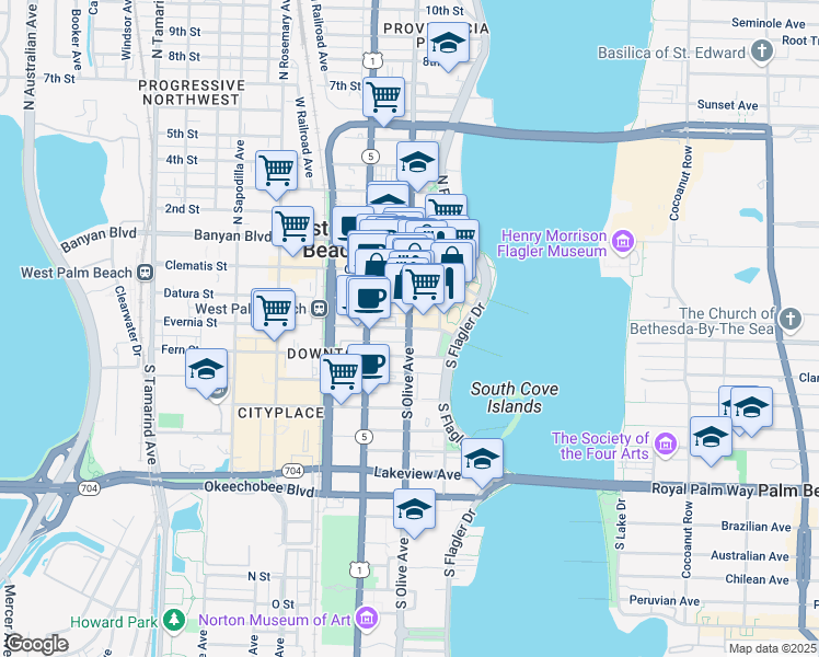 map of restaurants, bars, coffee shops, grocery stores, and more near S Olive Ave & Evernia St in West Palm Beach