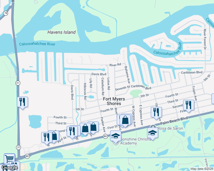map of restaurants, bars, coffee shops, grocery stores, and more near 2274 Lotus Road in Fort Myers