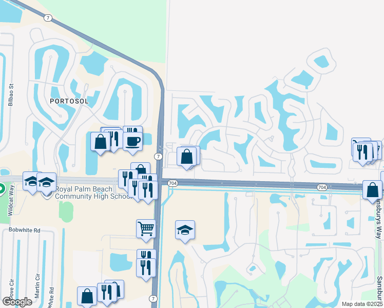 map of restaurants, bars, coffee shops, grocery stores, and more near 9600 Baywinds Boulevard in West Palm Beach