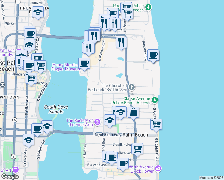 map of restaurants, bars, coffee shops, grocery stores, and more near 269 Pendleton Avenue in Palm Beach