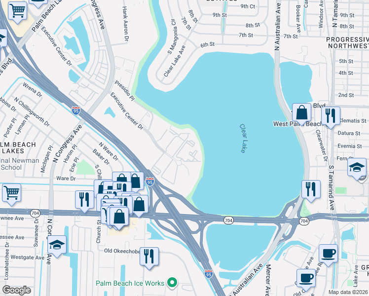map of restaurants, bars, coffee shops, grocery stores, and more near 700 Executive Center Drive in West Palm Beach
