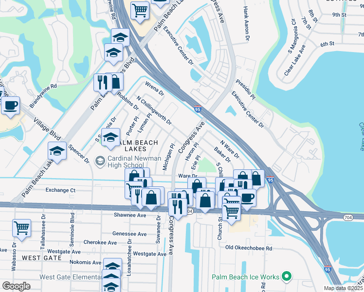 map of restaurants, bars, coffee shops, grocery stores, and more near 204 South Chillingworth Drive in West Palm Beach