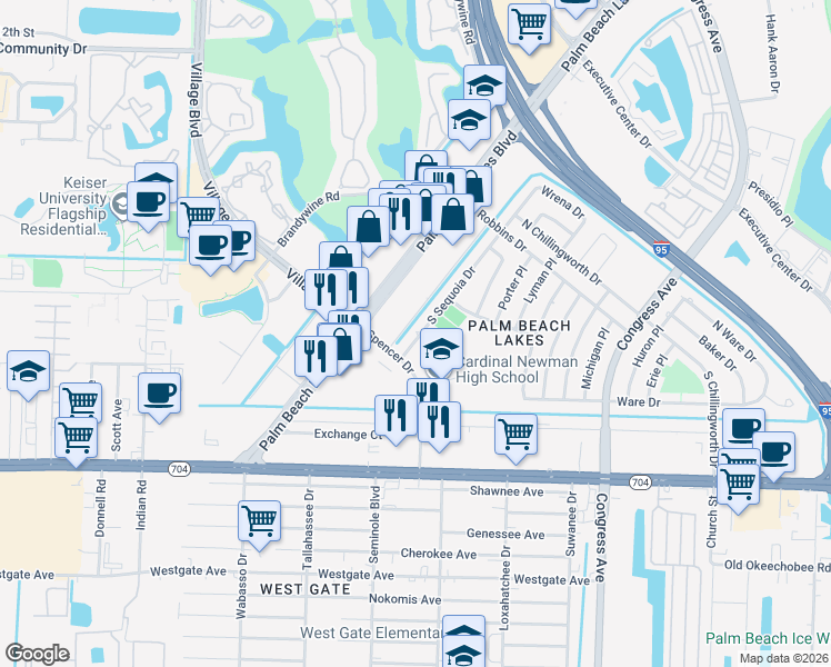 map of restaurants, bars, coffee shops, grocery stores, and more near 337 South Sequoia Drive in West Palm Beach