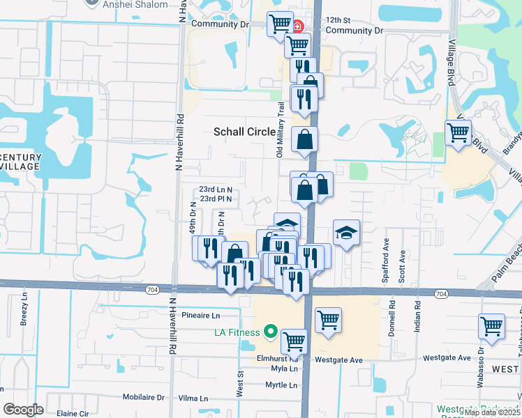 map of restaurants, bars, coffee shops, grocery stores, and more near 2374 Queen Street in West Palm Beach
