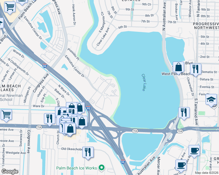 map of restaurants, bars, coffee shops, grocery stores, and more near 706 Executive Center Drive in West Palm Beach