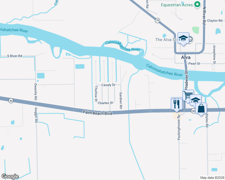 map of restaurants, bars, coffee shops, grocery stores, and more near 2300 Thompson Road in Alva