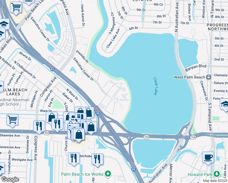 map of restaurants, bars, coffee shops, grocery stores, and more near 616 Executive Center Drive in West Palm Beach
