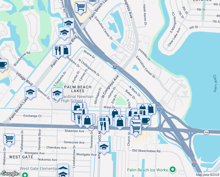 map of restaurants, bars, coffee shops, grocery stores, and more near 304 North Congress Avenue in West Palm Beach