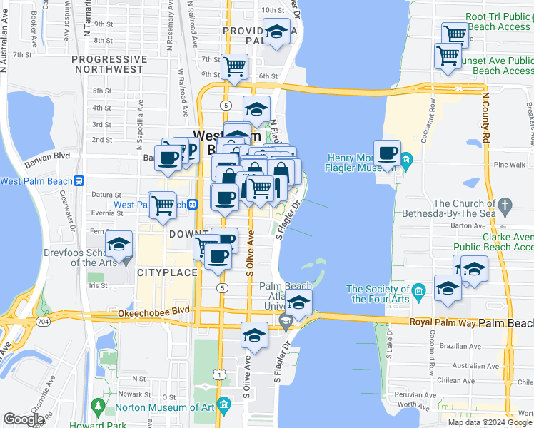 map of restaurants, bars, coffee shops, grocery stores, and more near 201 South Narcissus Avenue in West Palm Beach