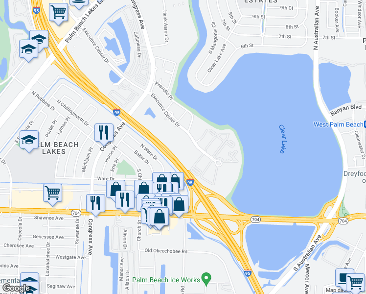 map of restaurants, bars, coffee shops, grocery stores, and more near 421 Executive Center Drive in West Palm Beach