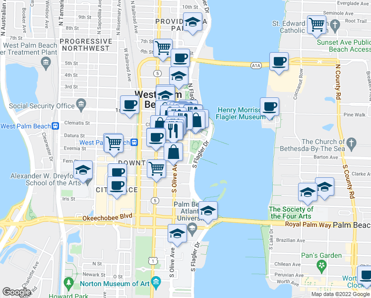 map of restaurants, bars, coffee shops, grocery stores, and more near 201 South Narcissus Avenue in West Palm Beach