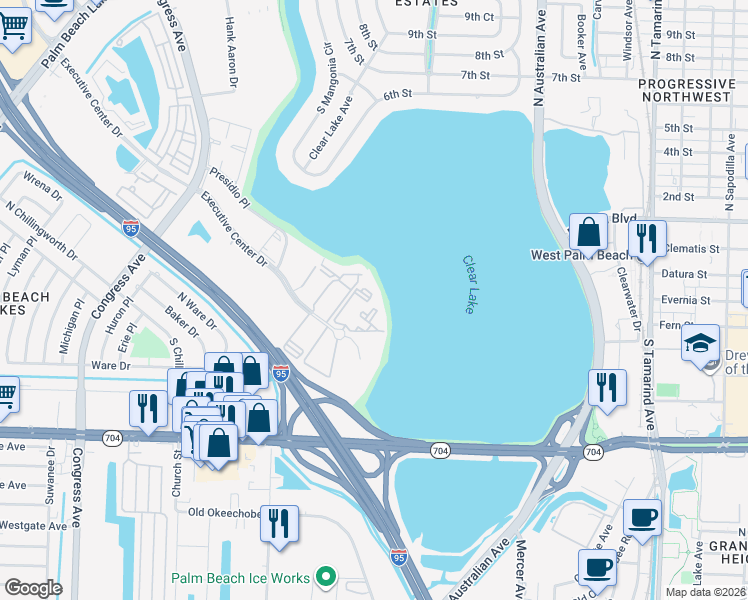 map of restaurants, bars, coffee shops, grocery stores, and more near 728 Executive Center Drive in West Palm Beach