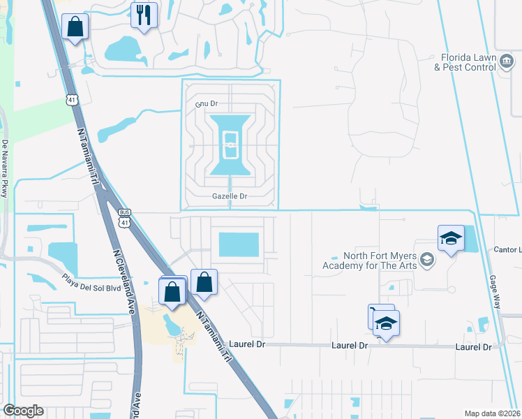 map of restaurants, bars, coffee shops, grocery stores, and more near 52 Eland Drive in North Fort Myers