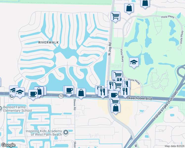 map of restaurants, bars, coffee shops, grocery stores, and more near Blue Springs Road in West Palm Beach