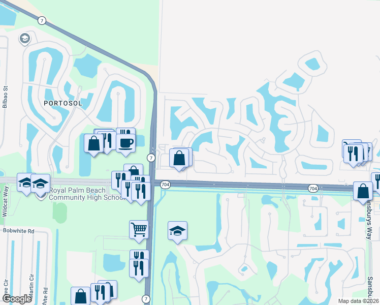 map of restaurants, bars, coffee shops, grocery stores, and more near 9600 Baywinds Boulevard in West Palm Beach