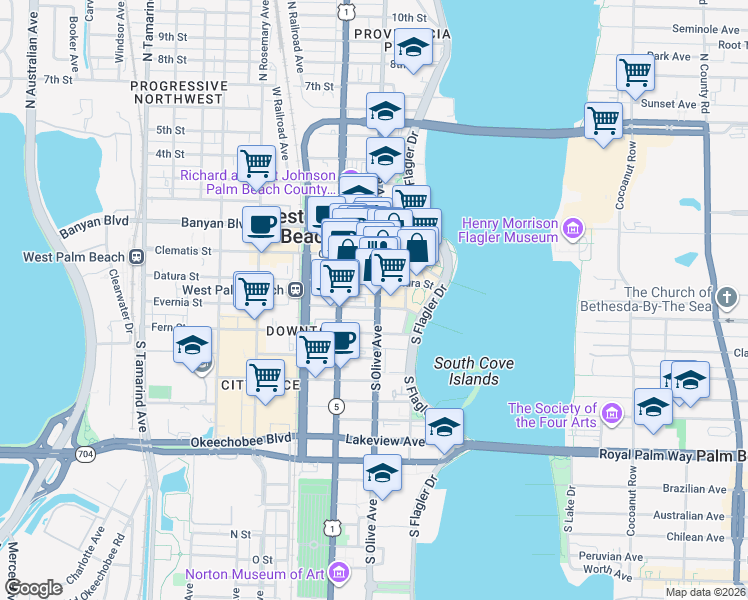 map of restaurants, bars, coffee shops, grocery stores, and more near 209 South Olive Avenue in West Palm Beach