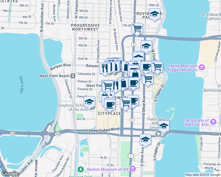 map of restaurants, bars, coffee shops, grocery stores, and more near in West Palm Beach