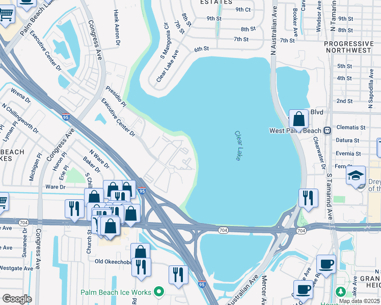 map of restaurants, bars, coffee shops, grocery stores, and more near 728 Executive Center Drive in West Palm Beach